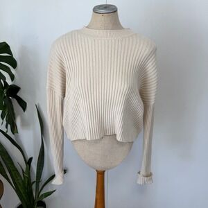 Sincerely Jules Ribbed Cropped Sweater Womens Small Cream Beige Drop Shoulder